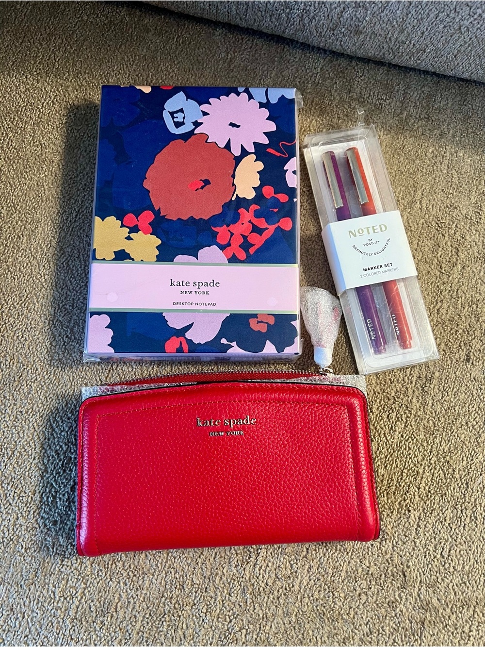 Bundle Kate Spade Red Pebbled Leather Wallet & Notepad and Markers